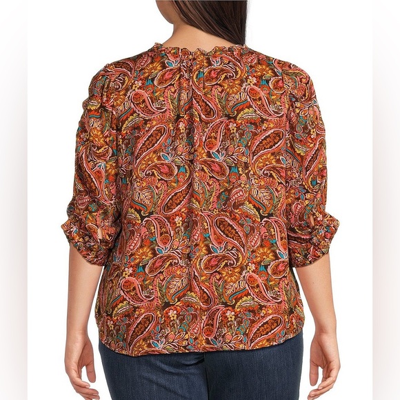 Democracy Paisley Print Split Ruffle V-Neck 3/4 Ruched Sleeve Woven Top NWT 1X - Picture 2 of 8
